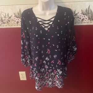 Maurices Navy Floral Crisscross V-Neck Tunic
